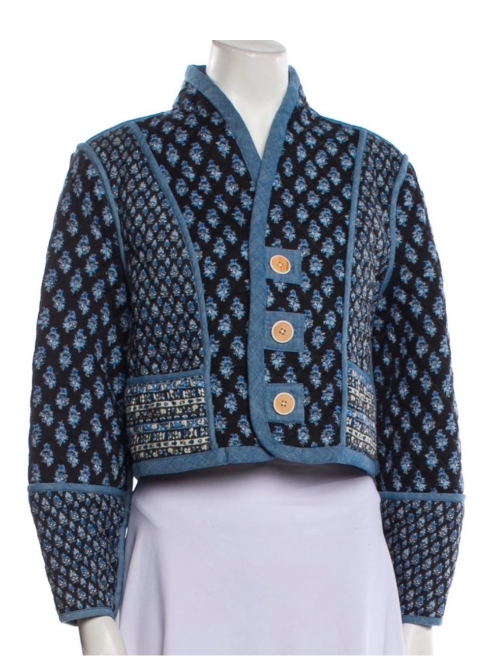 Veronica Beard Navy and Light Blue Patterned Cropped Jacket
